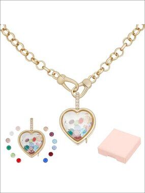 Heart Floating Locket Pendant Necklace Golden Alloy Glass Cabochons 18.11"